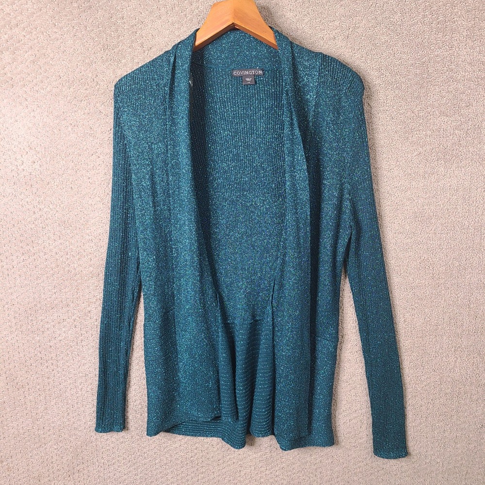 Covington Cardigan Womens Large Teal Open Front Ribbed Metallic Rayon Casual